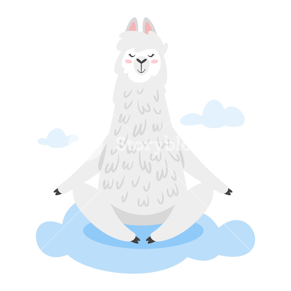 1000x1000 Cute Lama Alpaca Animal Sitting In Yoga Pose On The Cloud Vector