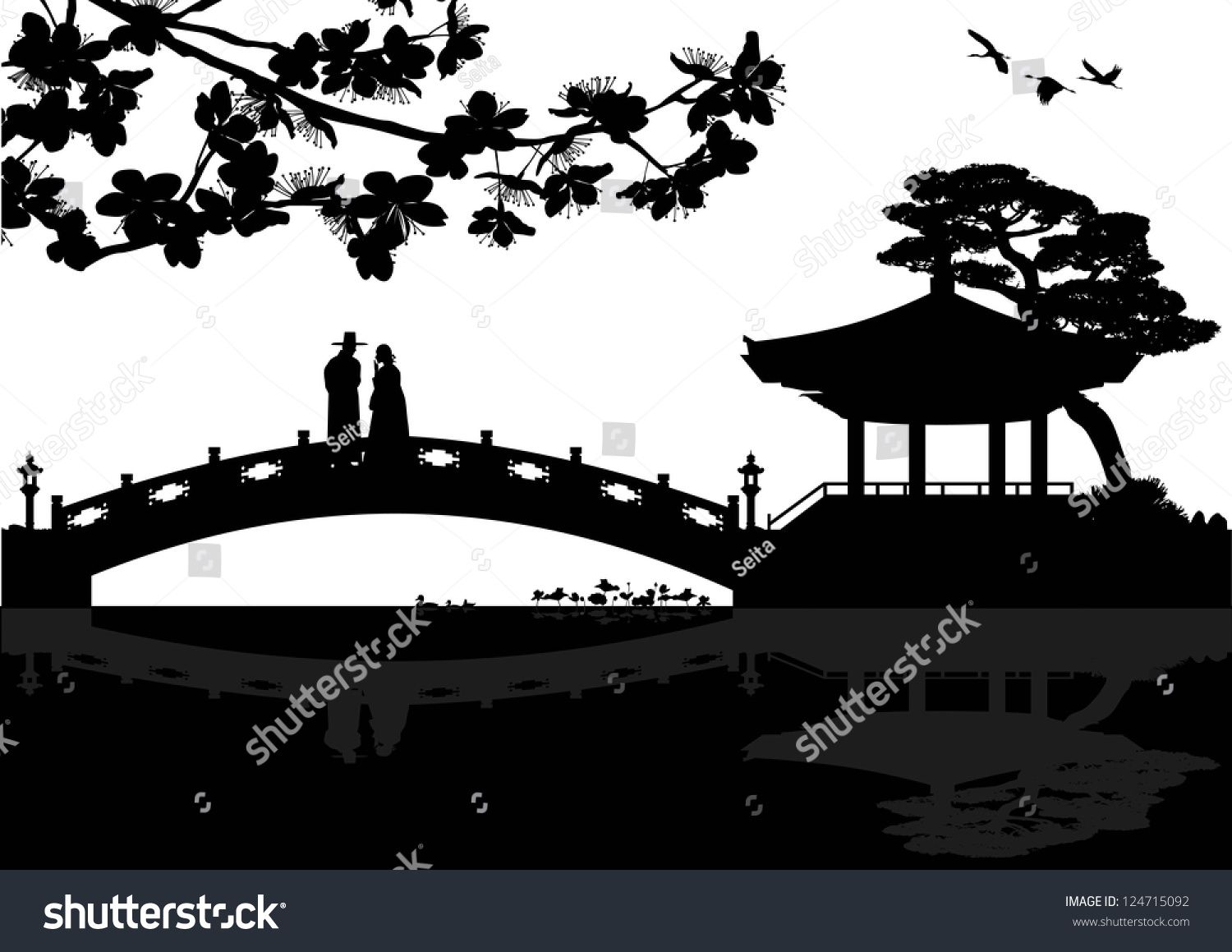 Illustration Of Korean Landscape Silhouette With A Couple 1500x1159 Illustration Of Korean Landscape Silhouette With A Couple