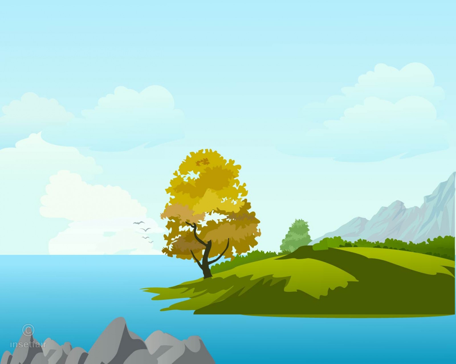 1600x1277 Landscape Vector Png Of A River With Rocks And Tree And Green Field