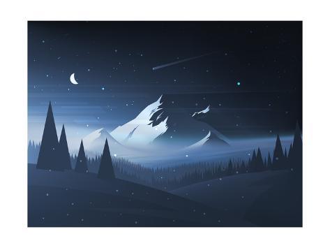 473x355 Night Mountain Winter Landscape Vector Illustration Print