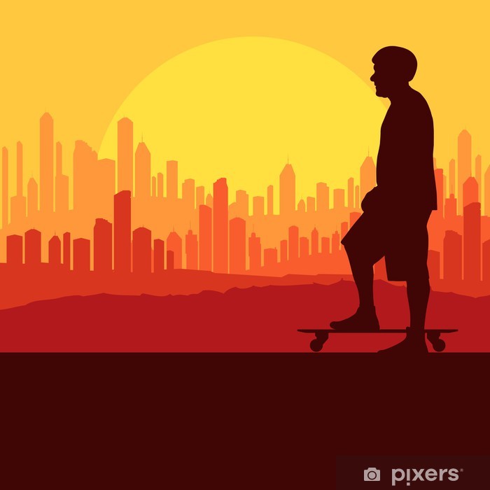 700x700 Skater Silhouette In Front Of City Landscape Vector Background
