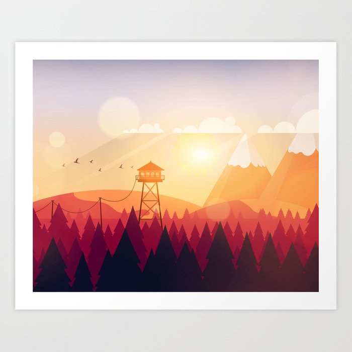 700x700 Vector Art Landscape With Fire Lookout Tower Art Print