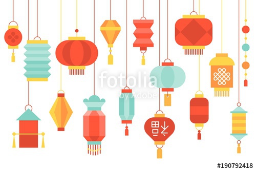 500x334 Chinese Lantern Paper Hanging Set Flat Design Illustration