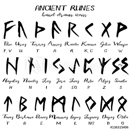 500x500 Hand Drawn Ancient Rune Alphabet, Written Grunge Font With Names