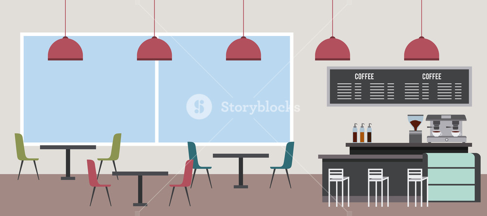 1000x445 Coffee Shop Interior Window Chair Table Machine Latte Vector