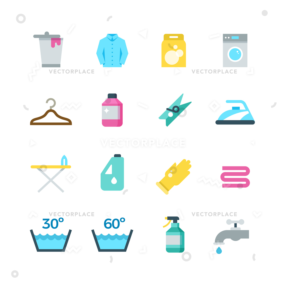 1000x1000 Household Washing Drying Laundry Flat Icons Vector Illustration