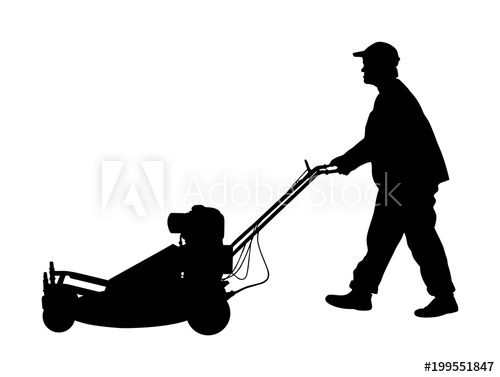 Gardener Man Mowing Lawn Mower Vector Silhouette Illustration 500x377 Gardener Man Mowing Lawn Mower Vector Silhouette Illustration
