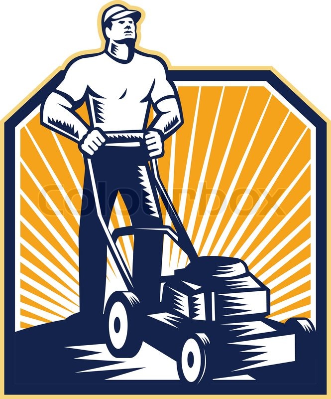 665x800 Gardener Mowing Lawn Mower Retro Stock Vector Colourbox