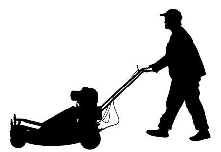 450x311 Gardener Man Mowing Lawn Mower Vector Silhouette Illustration