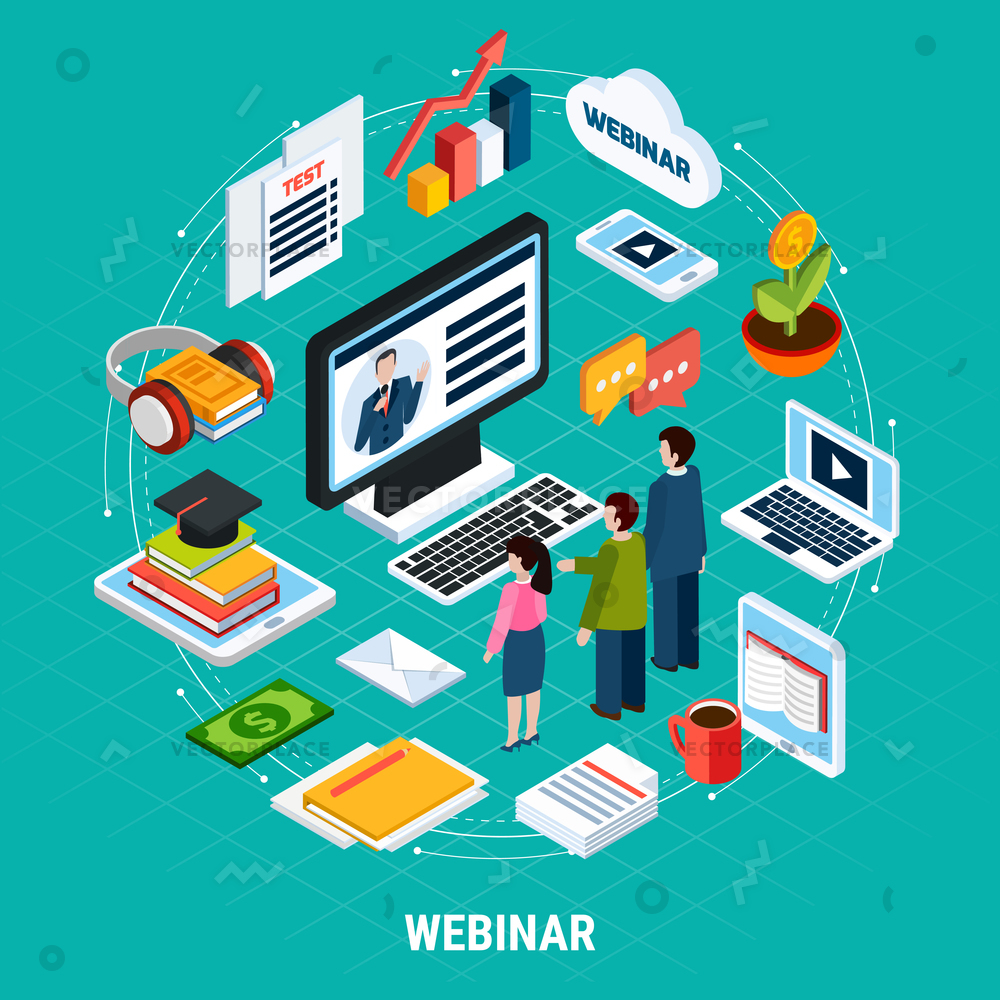 1000x1000 Round Webinar Isometric Composition Isolated Elements Vector