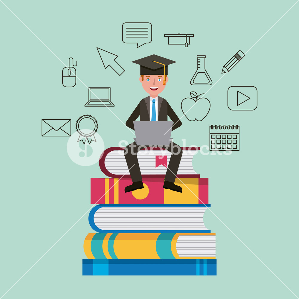 1000x1000 Teacher Sitting On Stacked Books Learning Vector Illustration