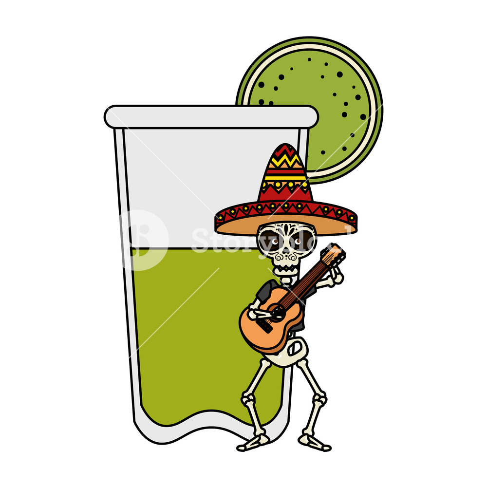 1000x1000 Skeleton Mexican With Guitar And Lemonade Vector Illustration
