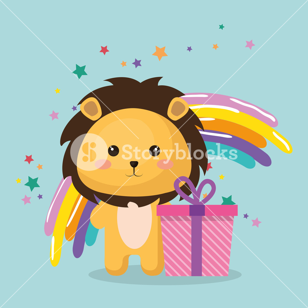 1000x1000 Cute Leon With Gift Kawaii Birthday Card Vector Illustration
