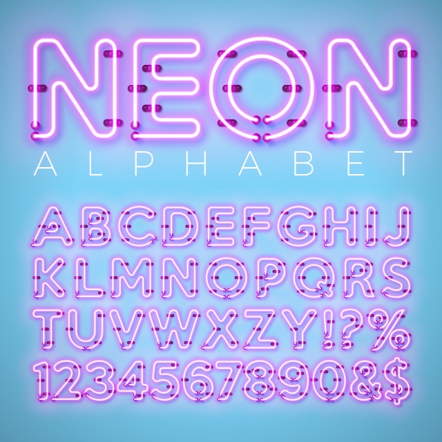 Bright Neon Alphabet On Blue Background Vector Letter Number 640x640 Bright Neon Alphabet On Blue Background Vector Letter Number