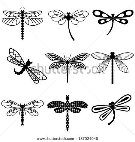 450x470 Dragonflies, Black Silhouettes On White Background Vector