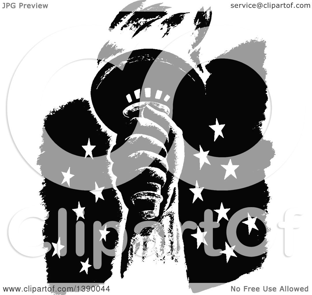 1080x1024 Clipart Of A Vintage Black And White Liberty Torch Over Stars