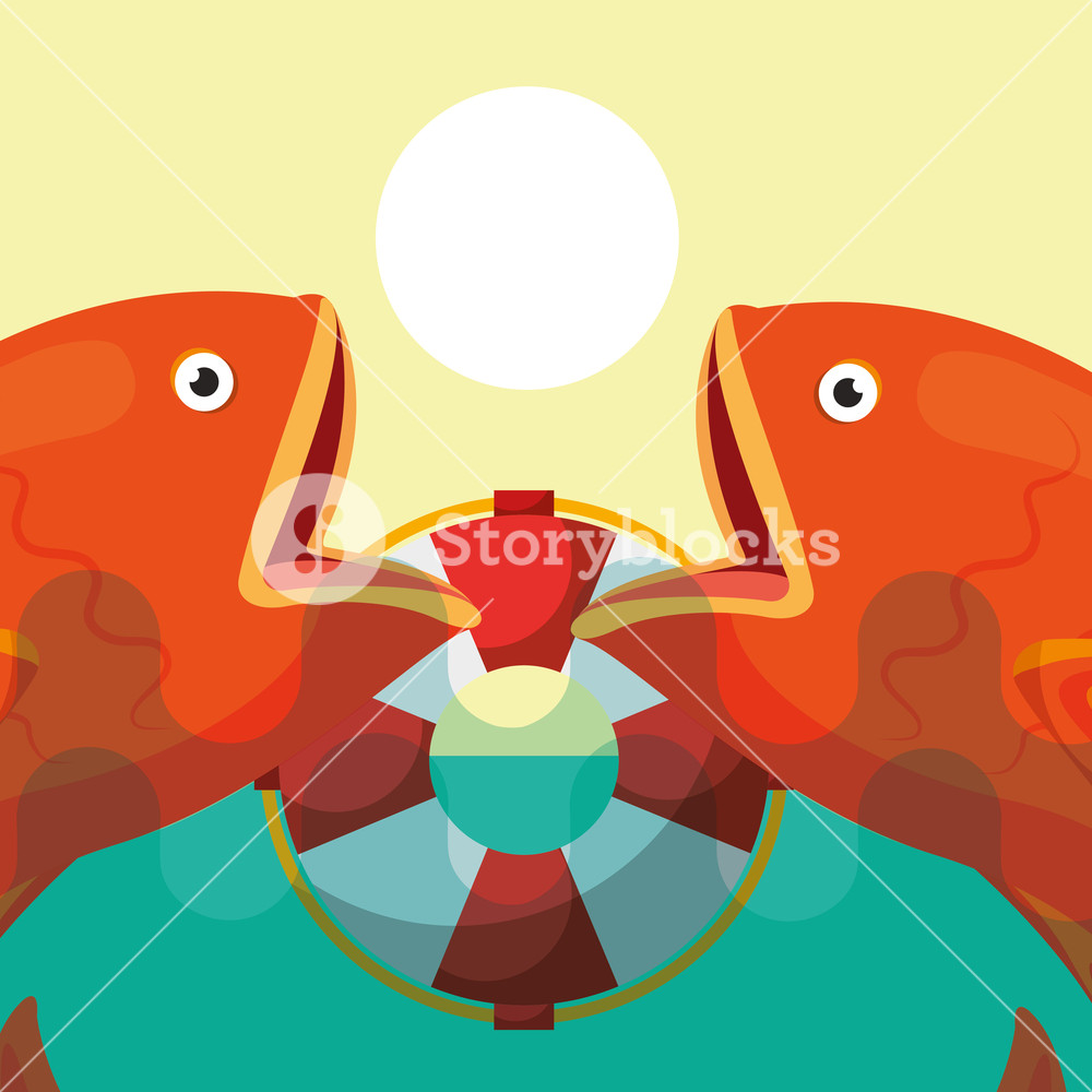 1000x1000 Fishing Red Fishes And Lifebuoy Vector Illustration Royalty Free