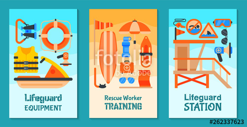 500x257 Lifeguard Equipment Set Of Cards Vector Illustration Rescue
