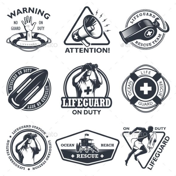590x590 Set Of Vintage Lifeguard Emblems Lifeguard, Monochrome