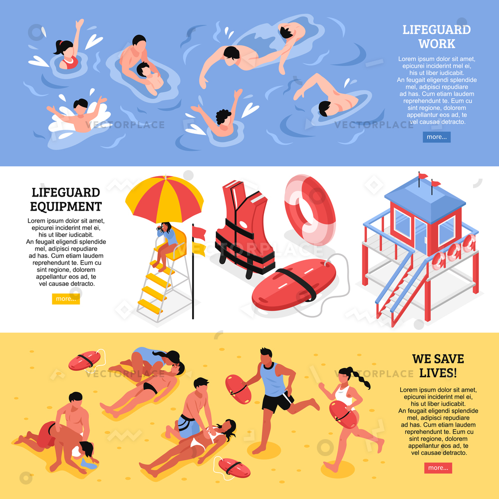 1000x1000 Beach Lifeguards Horizontal Banners Illustrated Lifeguard Vector