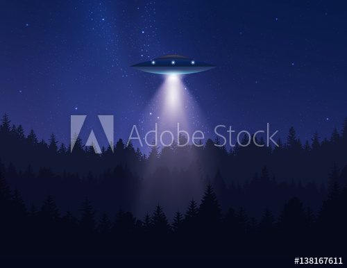 Ufo In Night Sky Over The Forest Emits Light Beam Vector 500x386 Ufo In Night Sky Over The Forest Emits Light Beam Vector