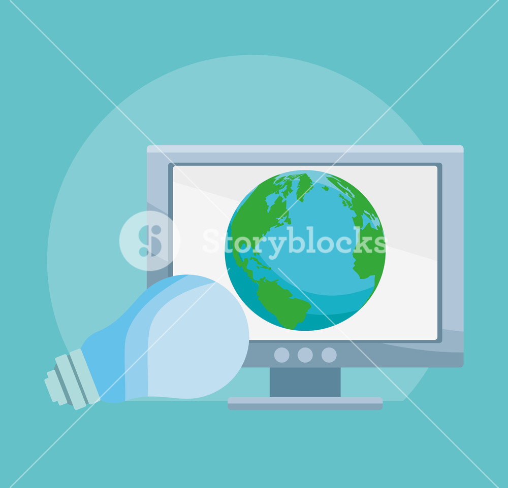 1000x962 Computer With World On Screen And Bulb Light Vector Illustration