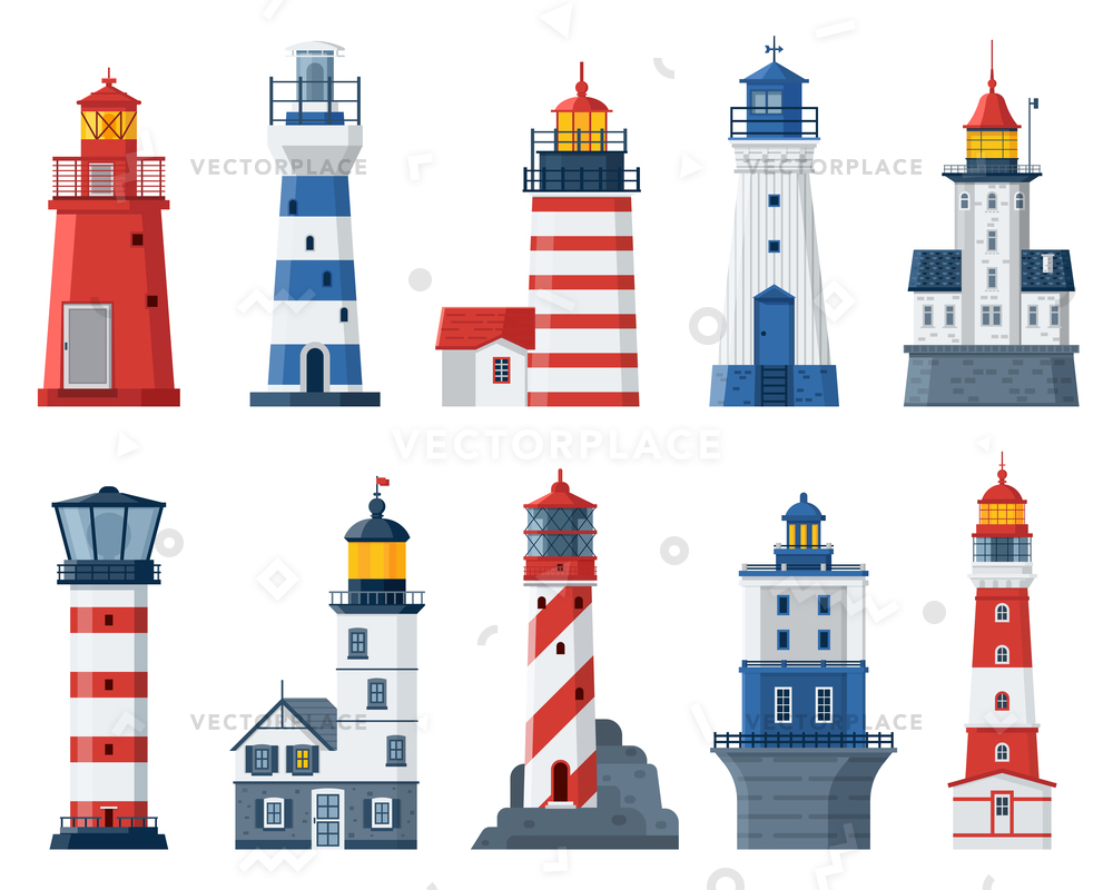 1000x800 Cartoon Lighthouse Set Red Blue Sea Vector Illustration