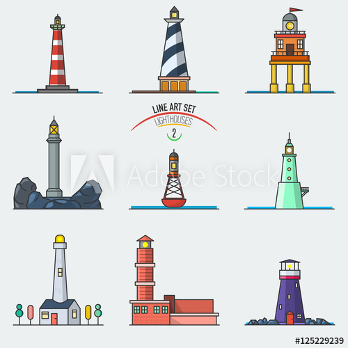 500x500 Vector Set Of Cartoon Line Art Lighthouses Searchlight Towers