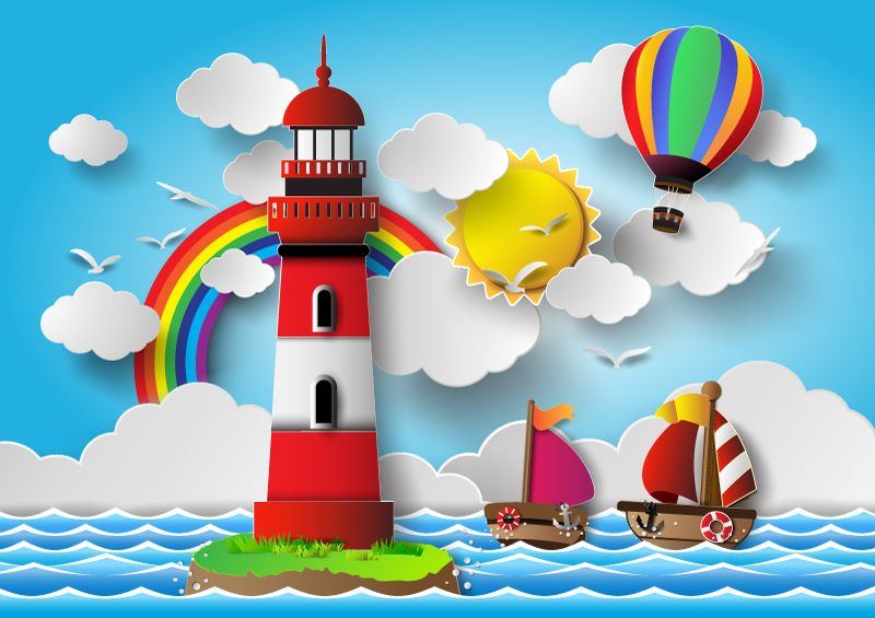 Blue Sea And Lighthouse Vector Murals For Kids, Wall 800x565 Blue Sea And Lighthouse Vector Murals For Kids, Wall