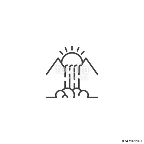 500x500 Waterfall Mountain And Sun Line Icon Vector Stock Image