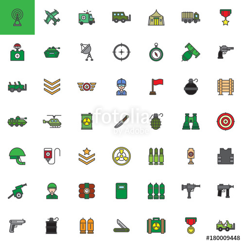 500x500 Military Equipment Filled Outline Icons Set, Line Vector Symbol