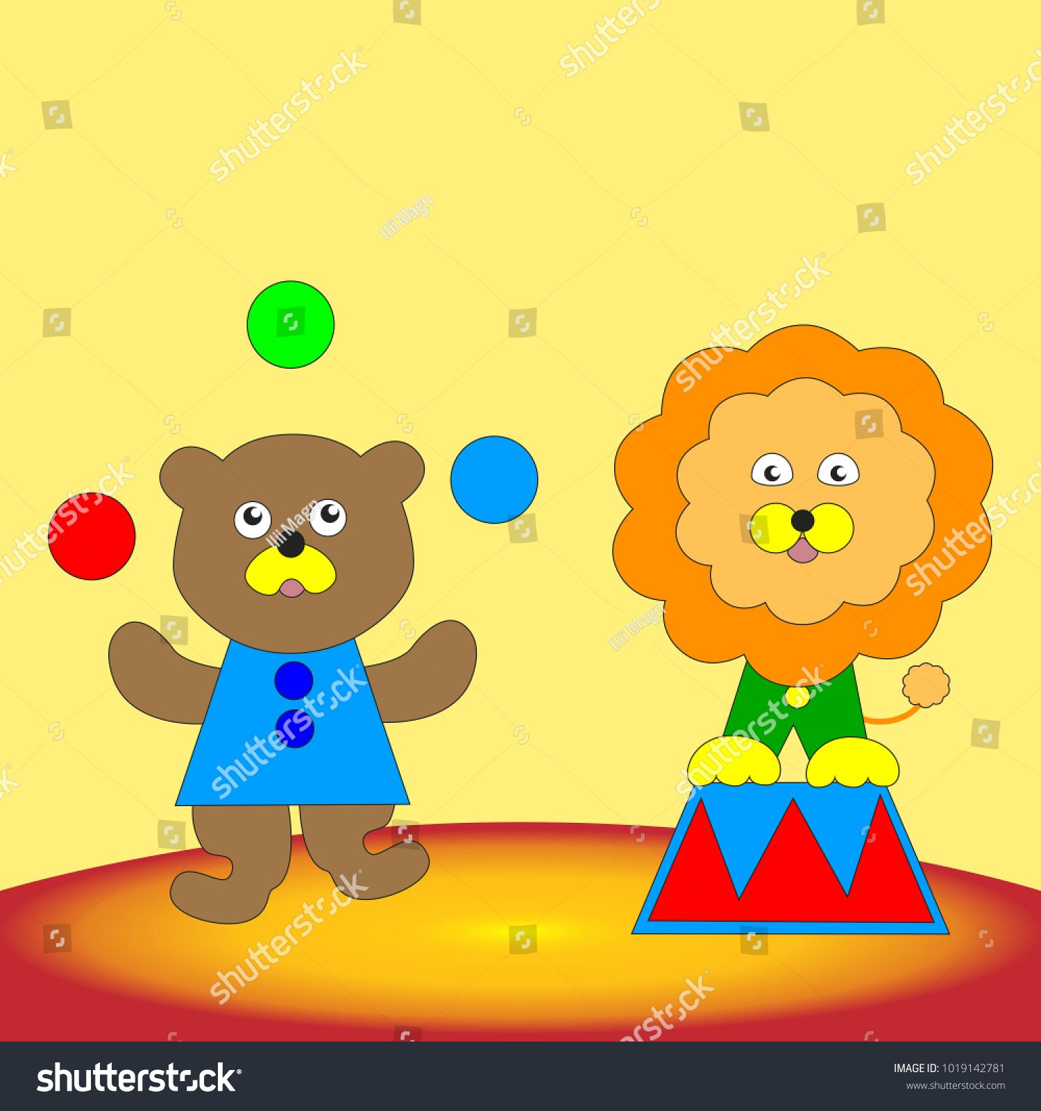 1500x1600 Cartoon Funny Bear And Lion Cub Perform In The Circus Vector