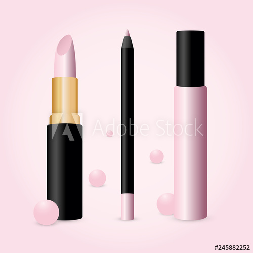 500x500 Set Of Makeup Pink Cosmetics Lip Gloss, Lipstick And Lip Liner