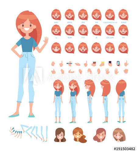 450x500 Front, Side, Back, View Animated Character Young Girl