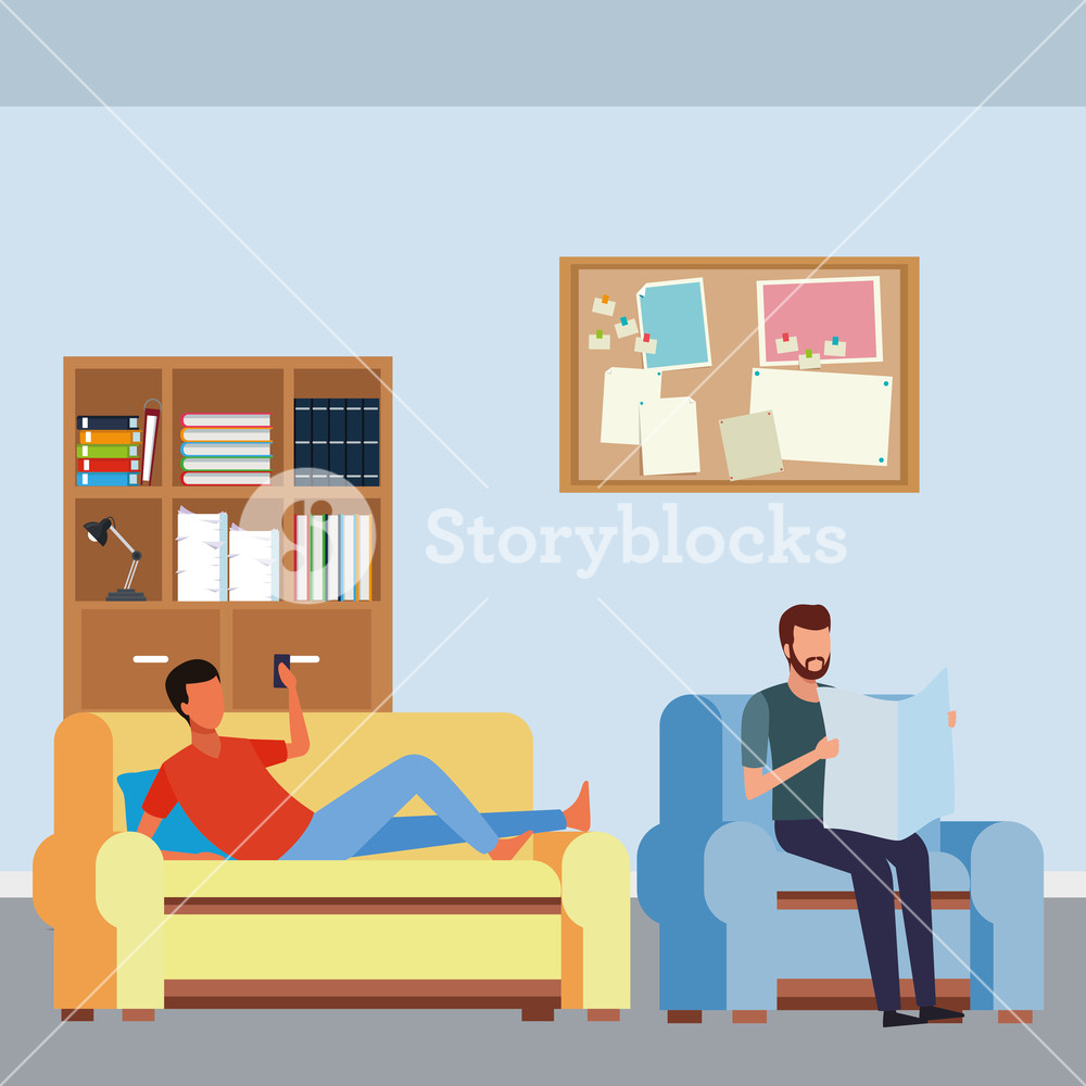 1000x1000 Faceless Men Relax Sofa Living Room Vector Illustration Graphic