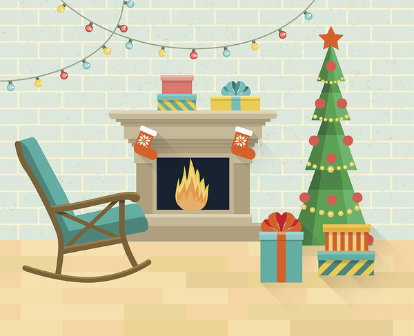 600x487 Christmas Interior Living Room Vector Flat Illustration Art Print