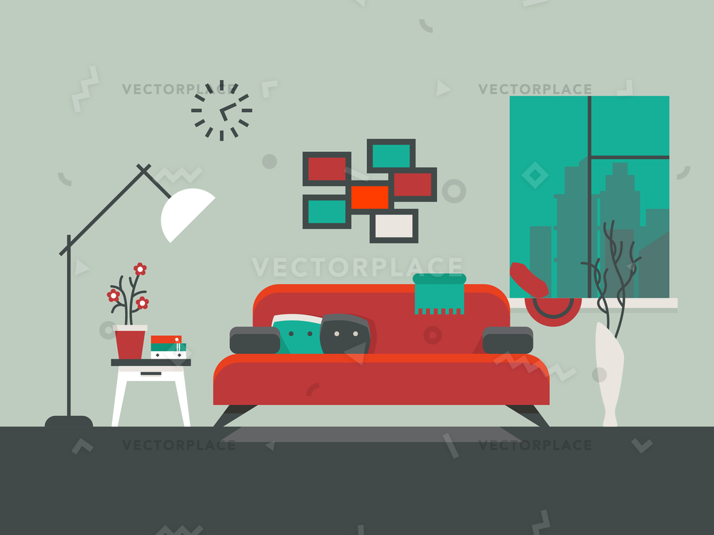 1000x750 Home Interior Living Room Table Sofa Vector Illustration