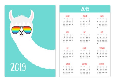 450x319 Cute Alpaca Llama Face In Rainbow Glasses Simple Pocket Calendar