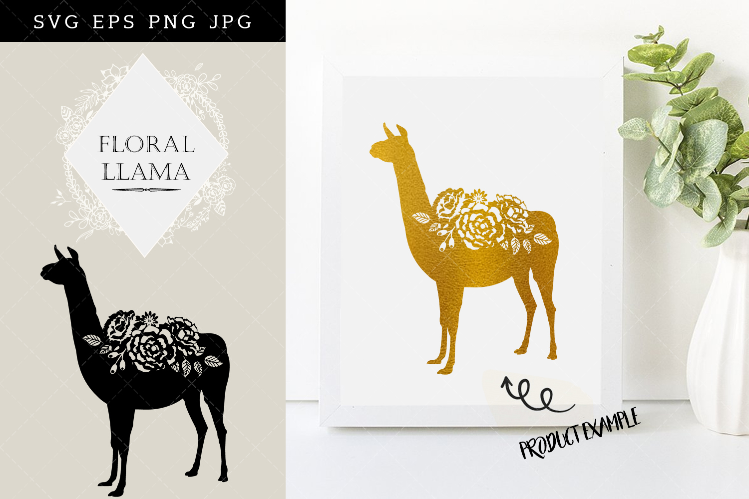 1500x1000 Floral Llama Silhouette Vector Graphic