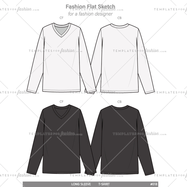 600x600 V Neck Long Sleeve T Shirts Fashion Flat Technical Drawing Vector