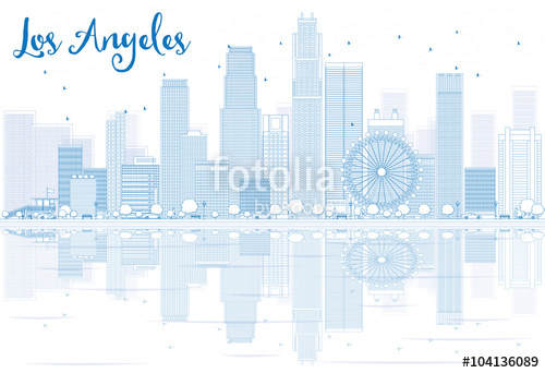 500x342 Outline Los Angeles Skyline With Blue Buildings And Reflections