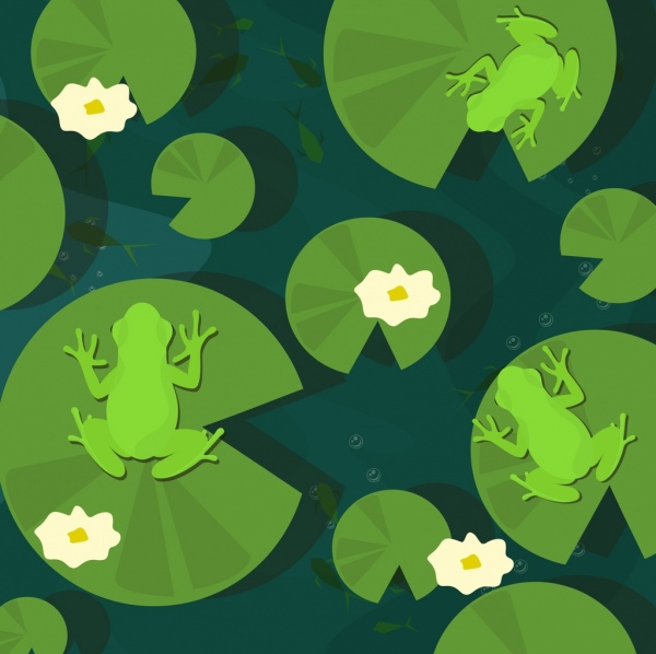 600x598 Wildlife Drawing Green Frog Lotus Leaves Decoration Free Vector