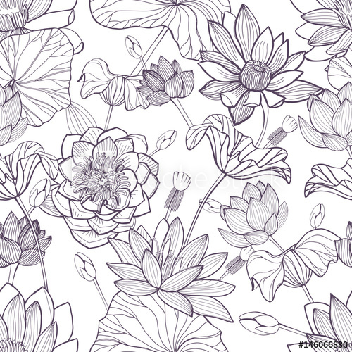 500x500 Lotus Floral Seamless Pattern Hand Drawn Monochrome Background