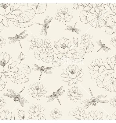 380x400 Seamless Pattern Lotus Flower And Dragonfly Vector Inspiration