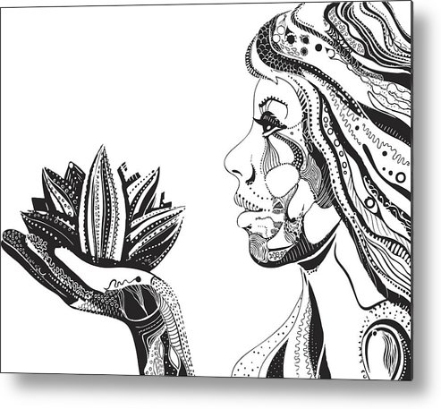 493x457 Woman With Lotus Flower, Black Ornate Pattern Vector Metal Print