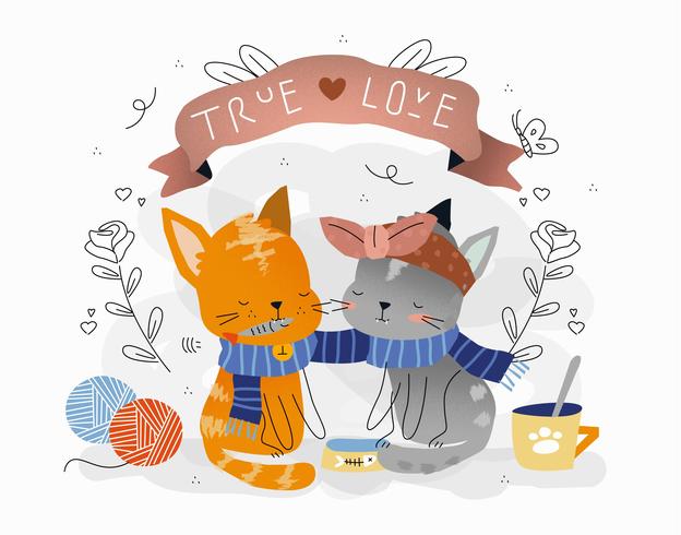 624x490 Cute Cat True Love Couple Vector Illustration