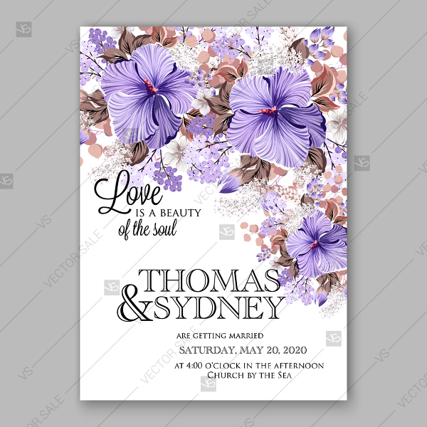 600x600 Violet Hibiscus Wedding Invitation Vector Tropical Flower Template