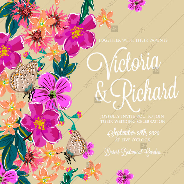 600x600 Wedding Invitation Vector Card Template Romantic Magenta Flower