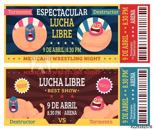 500x423 Lucha Libre Ticket Mexican Wrestlers In Masks Luchador Martial