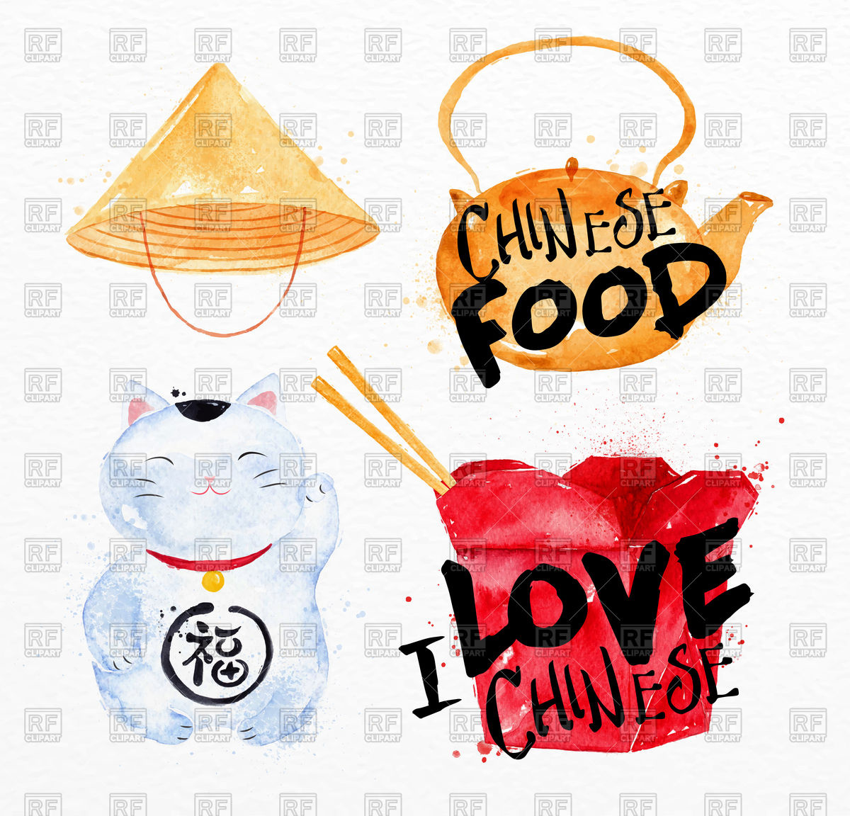 1200x1152 Chinese Hat, Teapot, Ping Pong Box, Lucky Cat Drawing Watercolor